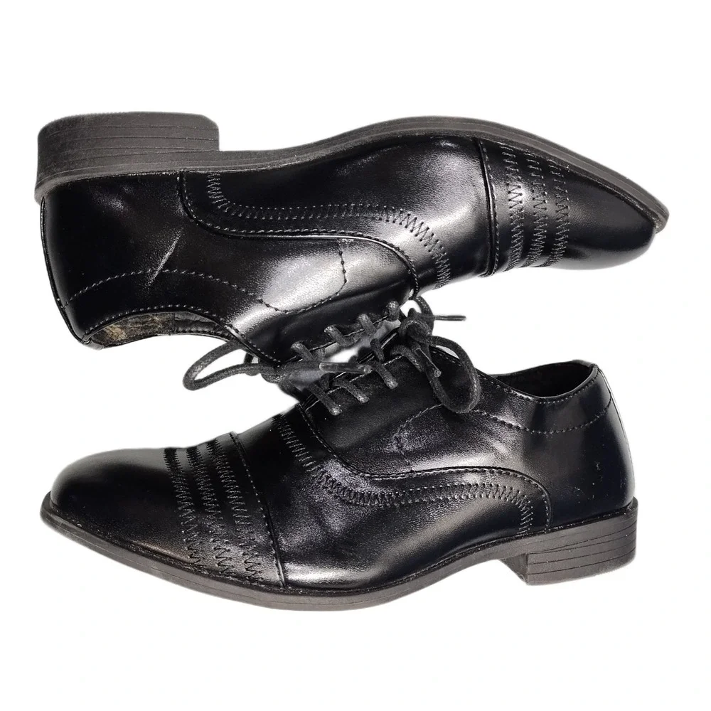Jodano Oxford Shoes Boys US 3 Black Leather Memory Foam Formal Round Toe Lace Up